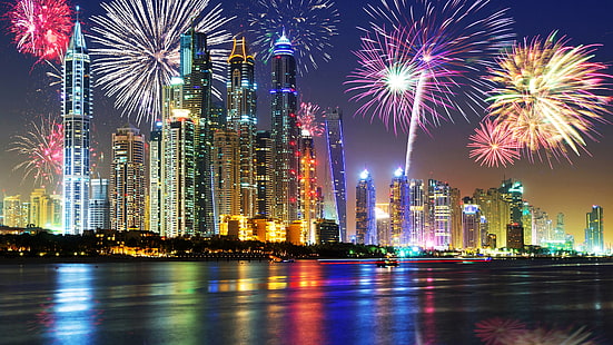 Émirats arabes unis, Dubaï, belle nuit, front de mer, gratte-ciel, lumières, feux d'artifice, Émirats arabes unis, Dubaï, belle, nuit, front de mer, gratte-ciel, lumières, feux d'artifice, Fond d'écran HD HD wallpaper