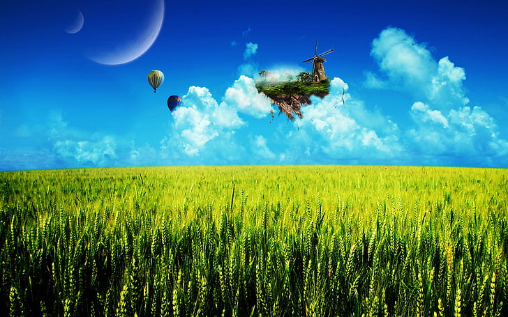 balloon, balloons, creative, dream, fantasy, field, floating, island, landscape, sky, wheat, HD wallpaper