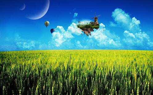 воздушный шар, воздушные шары, креатив, мечта, фэнтези, поле, плавающий, остров, пейзаж, небо, пшеница, HD обои HD wallpaper
