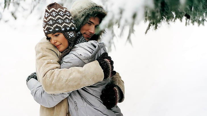 Love Couple Hug Long Awaited Love Winter Snow Romantic Couple Wallpapers Hd 2560×1440, HD wallpaper