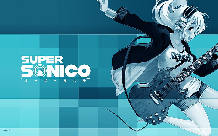 Super Sonico illustration, guitar, headphones, super soniko, HD wallpaper