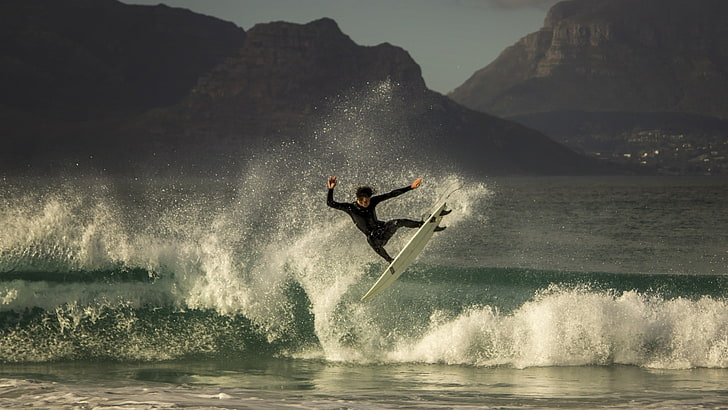 surfing, sea, waves, surfers, water drops, HD wallpaper
