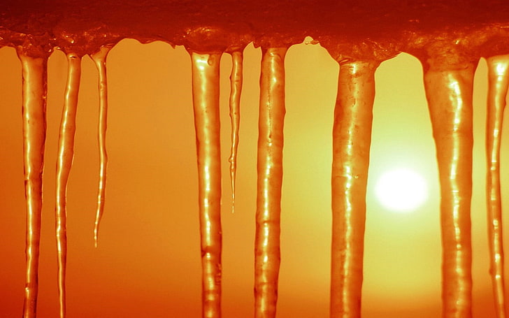 amber ice cones, icicles, ice, orange, winter, HD wallpaper