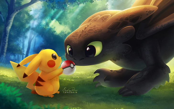 Pikachu, Toothless, How to Train Your Dragon, Pokémon, Poké Balls, Pokéballs, artwork, HD wallpaper