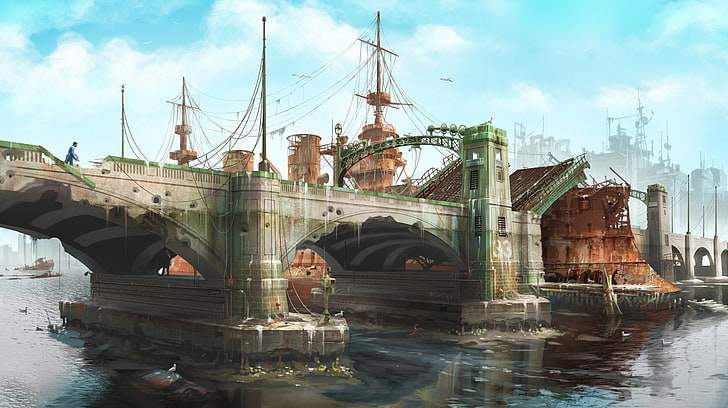 gray suspension bridge, Bridge, Art, Boston, Bethesda Softworks, Bethesda, Bethesda Game Studios, Fallout 4, The Art of Fallout 4, HD wallpaper