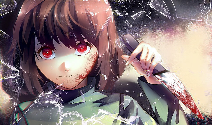 personagem de anime de mulher de cabelos castanhos segurando o papel de parede de faca, videogame, Undertale, Chara (Undertale), HD papel de parede