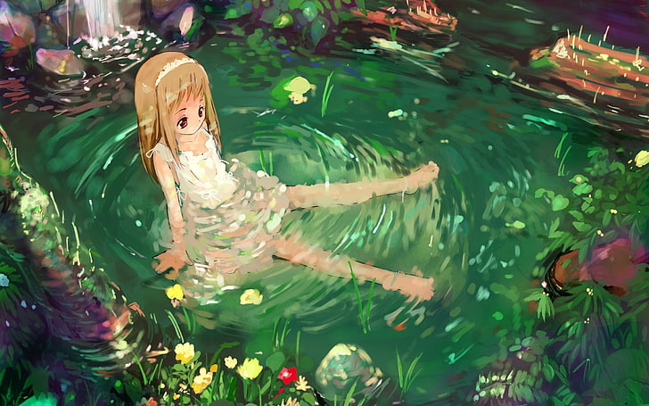 женски аниме герой цифрови тапети, аниме, момиче, природа, вода, тъга, HD тапет