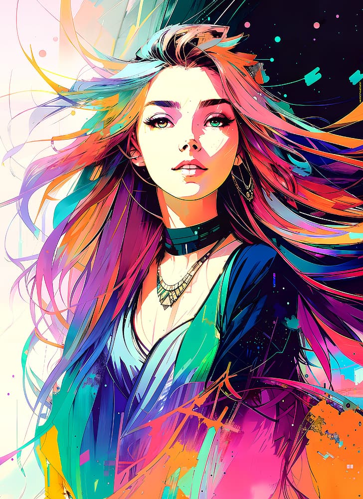 AI art, inkpunk, разноцветный, Color Burst, произведение искусства, длинные волосы, гетерохромия, HD обои, телефон обои