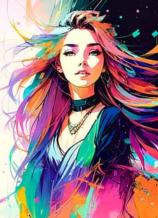 AI art, inkpunk, kolorowy, Color Burst, grafika, długie włosy, heterochromia, Tapety HD HD wallpaper