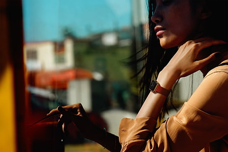 jam tangan, wanita, berambut cokelat, Apple Watch, Wallpaper HD HD wallpaper