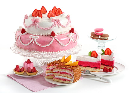 różowy tort puder, jagody, jedzenie, truskawka, ciasto, ciasto, śmietana, deser, słodki, sernik, tarta, truskawki, babeczki, Tapety HD HD wallpaper
