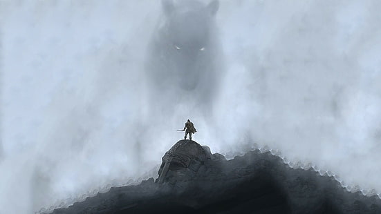 sztuka fantasy, Fenrir, hełm, mgła, mitologia, Wikingowie, wojownik, wilk, Tapety HD HD wallpaper