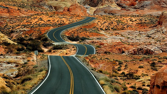 krajobraz, droga, pustynia, asfalt, rośliny, przyroda, autostrada, Tapety HD HD wallpaper