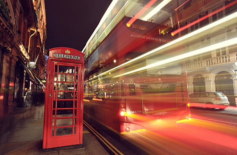 London, röd telefonbås bredvid buss, stad, röd telefonlåda, HD tapet HD wallpaper