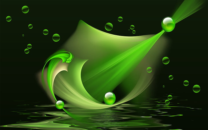 Green and beige abstract painting, water, balls, rays, light, bubbles ...