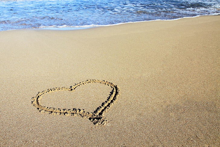 плаж, крайбрежие, сърце, любов, море, романтика, романтично, пясък, форми, бряг, вода, вълни, HD тапет