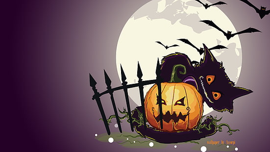 orange Kürbis und Katze Halloween-Illustration, Katze, Nacht, der Mond, der Zaun, Kürbis, hallowen, HD-Hintergrundbild HD wallpaper