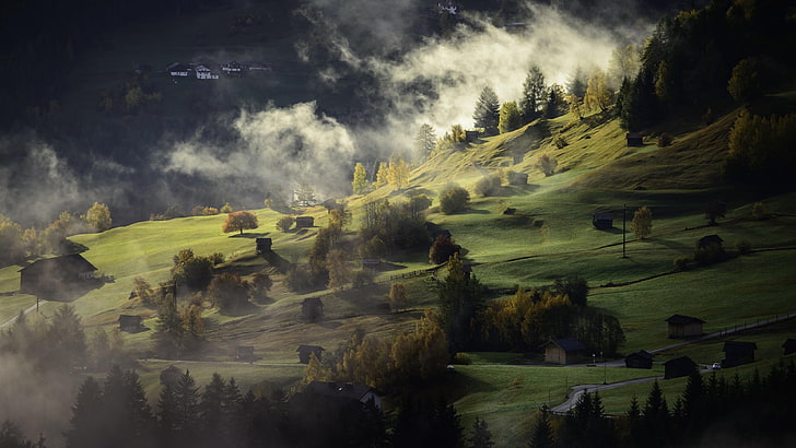 misty, village, twilight, field, hillside, HD wallpaper