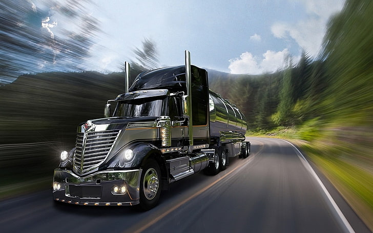 camión de carga gris, camiones, camiones, larga exposición, carretera, vehículo, Fondo de pantalla HD