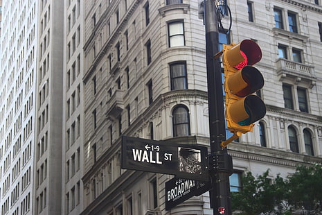 Segnaletica stradale di Wall Street, semaforo, strada, pilastro, Sfondo HD HD wallpaper