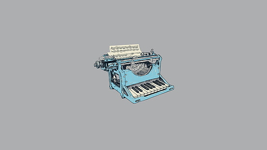 bleu et blanc machine à écrire piano vector art, art numérique, minimalisme, humour, fond simple, piano, machines à écrire, musique, vintage, Fond d'écran HD HD wallpaper