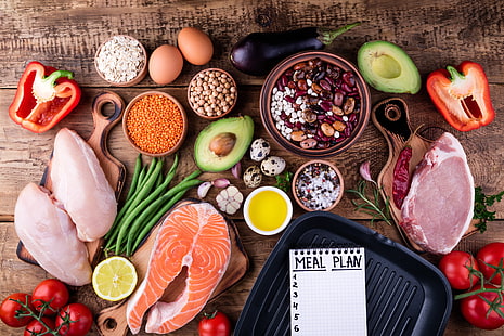 Speisen, Stillleben, Avocado, Bohnen, Huhn, Ei, Fisch, Fleisch, Tomate, Gemüse, HD-Hintergrundbild HD wallpaper