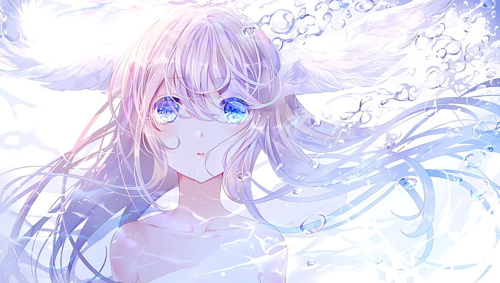 anime karaktär med vingar tapet, anime flicka, gråter, tårar, vingar, under vattnet, bubblor, Anime, HD tapet
