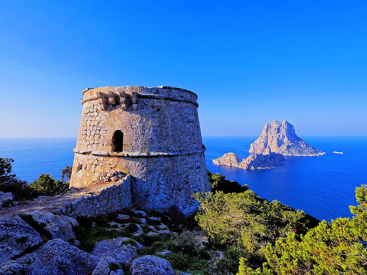 sea, the sky, Islands, rock, stones, blue, tower, horizon, fortress, Spain, the bushes, Ibiza, Balearic Islands, Torre des Savinar, HD wallpaper