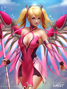Ilustração de Shura KRGT, Overwatch, Mercy, Mercy (Overwatch), Pink Mercy (Overwatch), asas, loiras, HD papel de parede HD wallpaper