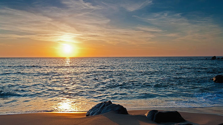 strand och solnedgång, strand, hav, himmel, horisont, HD tapet
