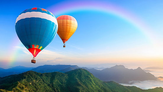baloon, rainbow, mountains, river, water, sky, landscape, view, fly, air, hot air balloon, amazing, HD wallpaper HD wallpaper