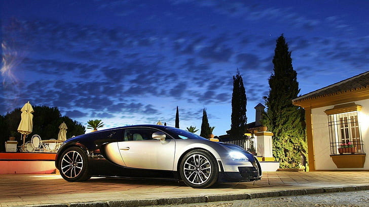 Super Bugatti At A Super Mansion, luces, camino de entrada, mansión, noche, autos, Fondo de pantalla HD