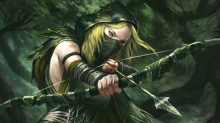 Fantasy Archer, arrow, woods, girl, forest, archer, warrior, fantasy, weapon, painting, artwork, 3d and abstract, HD wallpaper