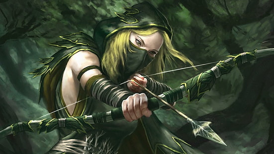 Fantasy Archer, arrow, woods, girl, forest, archer, warrior, fantasy, weapon, painting, artwork, 3d and abstract, HD wallpaper HD wallpaper