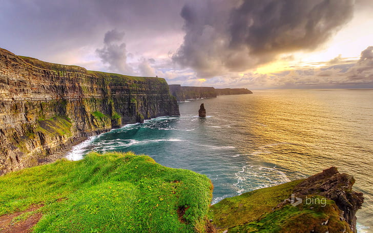İrlanda, Clare İlçesi, sakin su kütlesi, İrlanda, Clare İlçesi, tiftik, Günbatımı, kayalar, Deniz, HD masaüstü duvar kağıdı