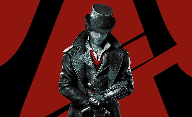 Jacob From Assassins Creed Syndicate, man wearing black leather coat and hat wallpaper, Games, Assassin's Creed, assassins creed, arno, jacob, art, captin america, winter soldier, poster, awesome, bokeh, red and black, HD wallpaper