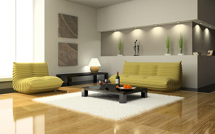 طقم أريكة من قطعتين من القماش الأصفر وطاولة قهوة خشبية سوداء مستطيلة وأريكة وداخلية وتصميم وكرسي وطاولة وغرفة معيشة، خلفية HD