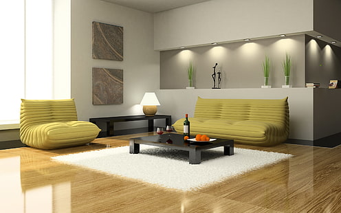طقم أريكة من قطعتين من القماش الأصفر وطاولة قهوة خشبية سوداء مستطيلة وأريكة وداخلية وتصميم وكرسي وطاولة وغرفة معيشة، خلفية HD HD wallpaper