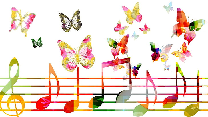 Музыка бабочек, мюзикл, папийон, яркие, поют, играют, разноцветные, музыкальные ноты, лето, бабочки, животные, HD обои