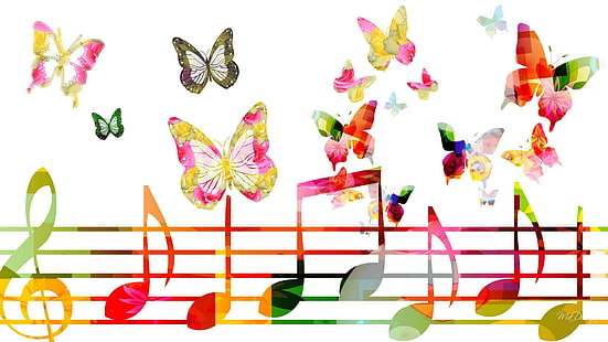 Musique de papillons, musical, papillon, lumineux, chanter, jouer, coloré, notes de musique, été, papillons, animaux, Fond d'écran HD HD wallpaper