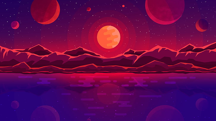 Mountains, Minimal, Planets, Sunset, HD wallpaper