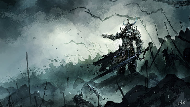 rycerz trzymający miecz cyfrowa tapeta, wojownik, bitwa, fantasy art, RPG, wojna, Lich, mroczna, Tapety HD