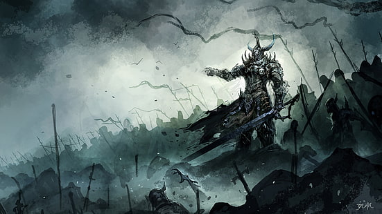 cavaleiro segurando espada papel de parede digital, guerreiro, batalha, arte de fantasia, RPG, guerra, Lich, escuro, HD papel de parede HD wallpaper