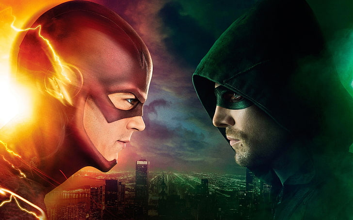 DC Flash and Green Arrow wallpaper, city, green, sky, eyes, The, man, crossover, hero, mask, building, Green Arrow, Arrow, DC Comics, Stephen Amell, Oliver Queen, strong, Flash, uniform, hood, super hero, TV series, Barry Allen, Starling City, spoke, The Brave and The Bold, Central City, super power, fave, Flash vs. Arrow, Fladh, The CW Television Network, Ollie, HD wallpaper