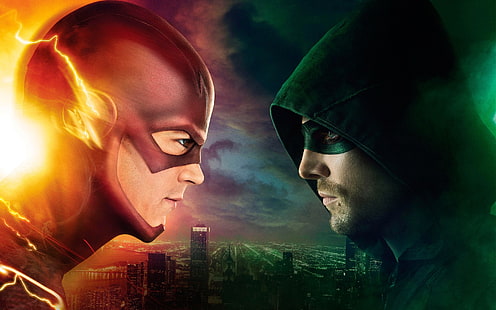 DC Flash and Green Arrow wallpaper, city, green, sky, eyes, The, man, crossover, hero, mask, building, Green Arrow, Arrow, DC Comics, Stephen Amell, Oliver Queen, strong, Flash, uniform, hood, super hero, TV series, Barry Allen, Starling City, spoke, The Brave and The Bold, Central City, super power, fave, Flash vs. Arrow, Fladh, The CW Television Network, Ollie, HD wallpaper HD wallpaper