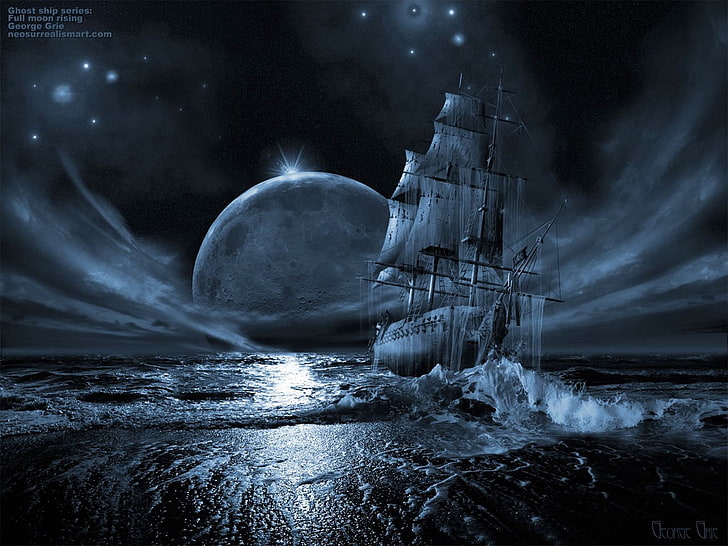 Луна, парусник, корабль-призрак, фэнтези-арт, HD обои