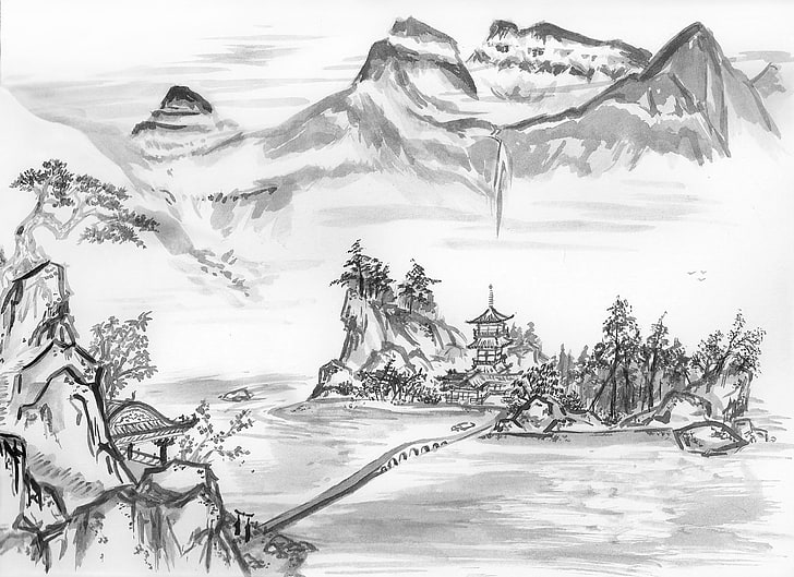 Boceto de pagoda cerca del cuerpo de agua, pinturas de lavado de tinta, Japón, Fondo de pantalla HD