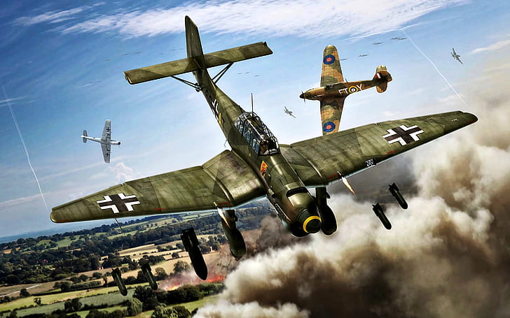 Fumée, bombardement, Hawker Hurricane, bombardier en piqué, Blitzkrieg 1940, bombes, Ju.87B-1, SC-50, SC-250, 9./StG51, Fond d'écran HD