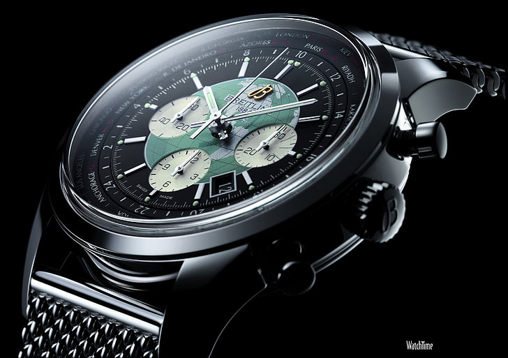 кръгъл часовник с хронограф в черен и сребърен цвят с миланска бримка, часовник, луксозни часовници, Breitling, HD тапет