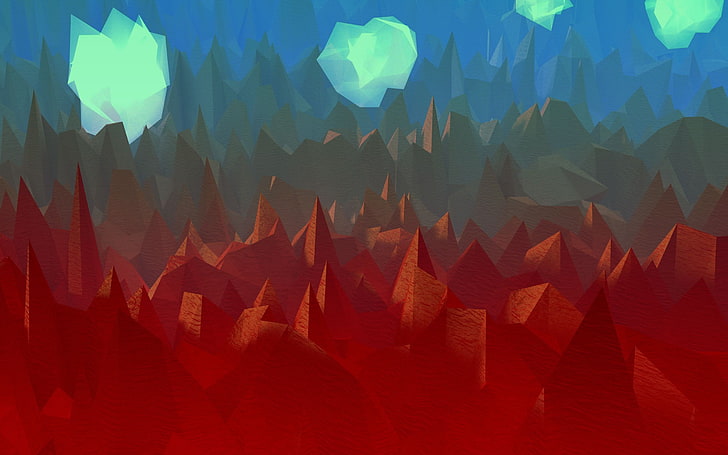 lukisan abstrak merah, hijau, dan biru, karya seni, pegunungan, awan, abstrak, seni digital, poli rendah, lanskap, Wallpaper HD